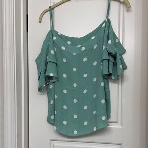 New York & Company Mint Green Polka Dot Cold-Shoulder Ruffle Top